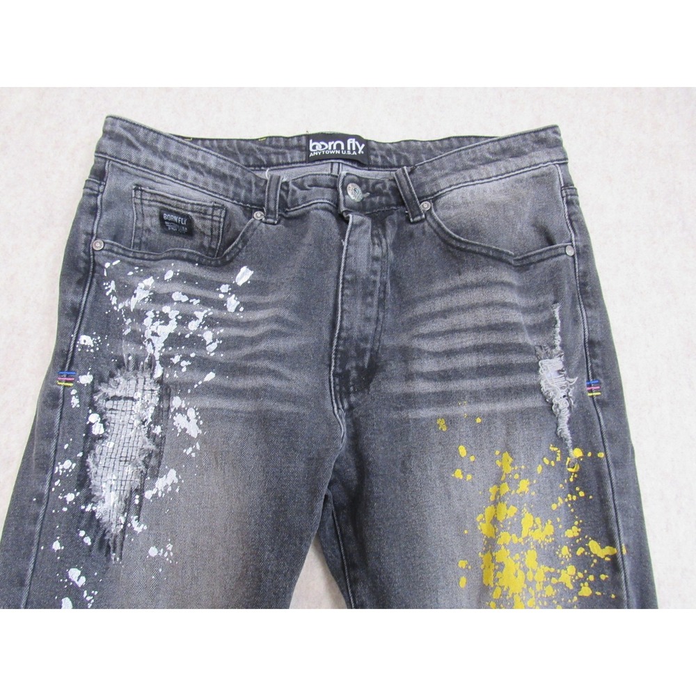 Born Fly Anytown USA Mens 34 Paint Splatter Distressed‎ Faded Black Denim Jeans